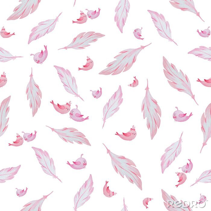 Behang Aquarel roze veren en vogels