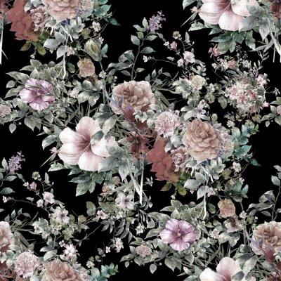 Behang Aquarel schilderen van bladeren en bloemen, naadloos patroon op donkere achtergrond