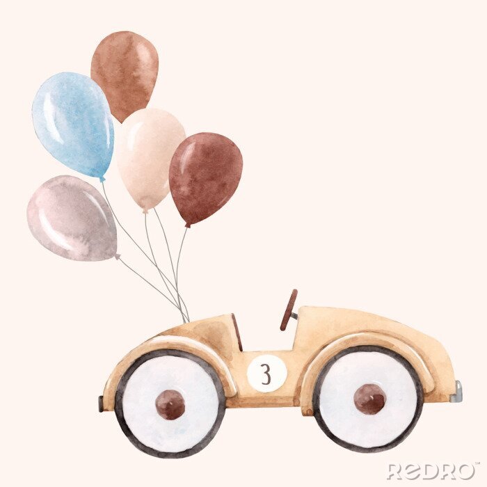 Behang Aquarel speelgoedauto met ballonnen