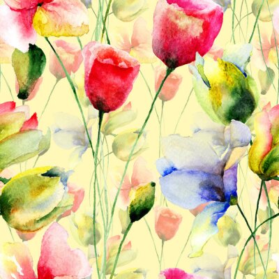 Behang Aquarel tulpen tussen veldbloemen