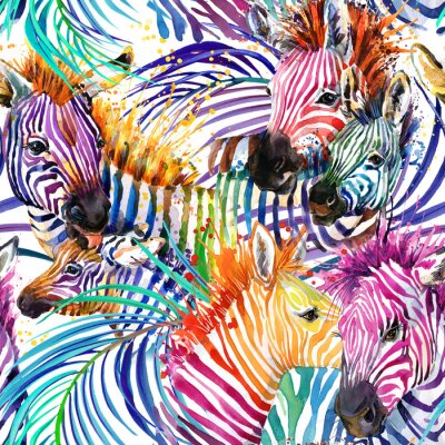 Behang Aquarel veelkleurige zebra's