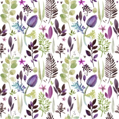 Behang aquarel violet bloemen naadloze patroon. handgetekende botanische illustratie. vintage bloemensamenstelling.