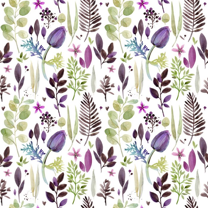 Behang aquarel violet bloemen naadloze patroon. handgetekende botanische illustratie. vintage bloemensamenstelling.