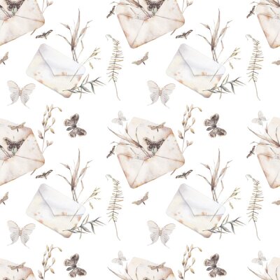 Behang Aquarel vlinder en zomer veld kruiden naadloze patroon. Handgeschilderde textuur met envelop, mot en botanische elementen: planten, varens, bladeren. Natuurlijke herhalende achtergrond