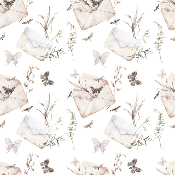 Behang Aquarel vlinder en zomer veld kruiden naadloze patroon. Handgeschilderde textuur met envelop, mot en botanische elementen: planten, varens, bladeren. Natuurlijke herhalende achtergrond