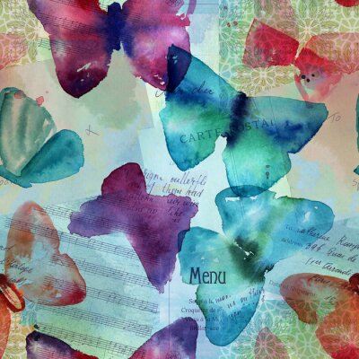 Behang Aquarel vlinders kaarten en inscripties