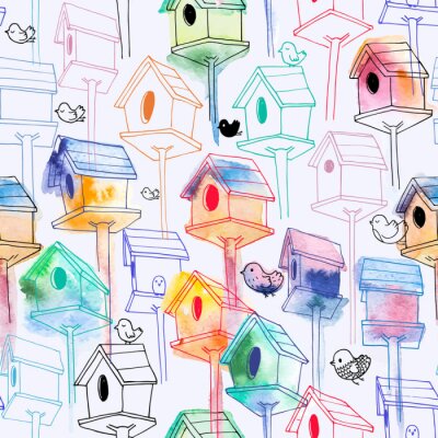 Behang Aquarel vogels en feeders