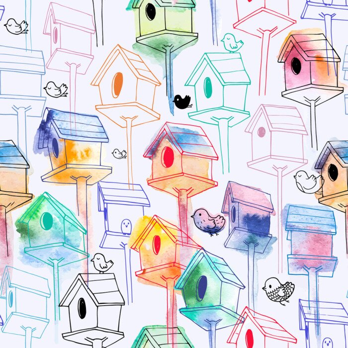 Behang Aquarel vogels en feeders