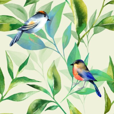 Behang Aquarel vogels en groene bladeren