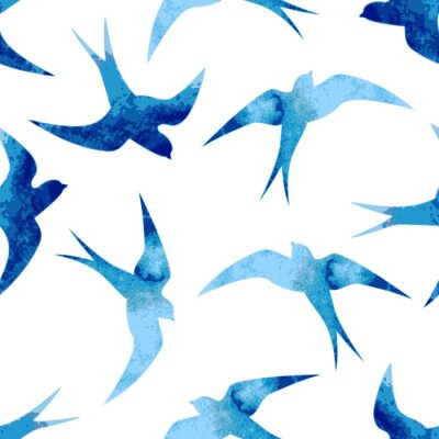 Behang Aquarel vogels tijdens de vlucht in blauwtinten