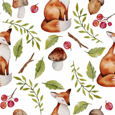 Behang Aquarel vossen planten en eikels