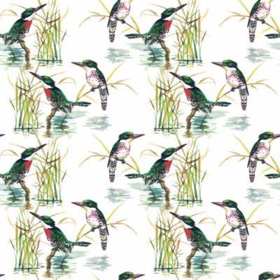 Behang Aquarel Wild exotische vogels op bloemen naadloze patroon op