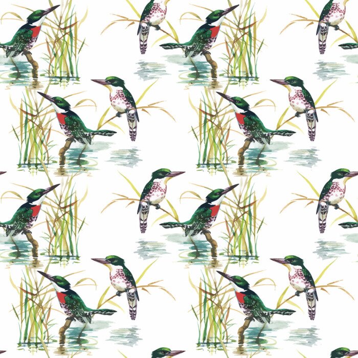 Behang Aquarel Wild exotische vogels op bloemen naadloze patroon op