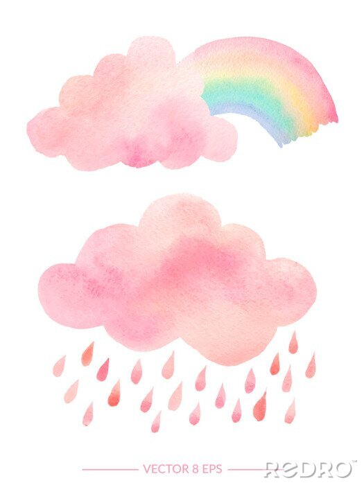 Behang Aquarel wolken en regenboog