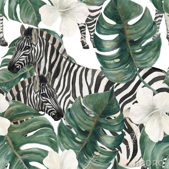 Behang Aquarel zebra print witte bloemen en tropische bladeren