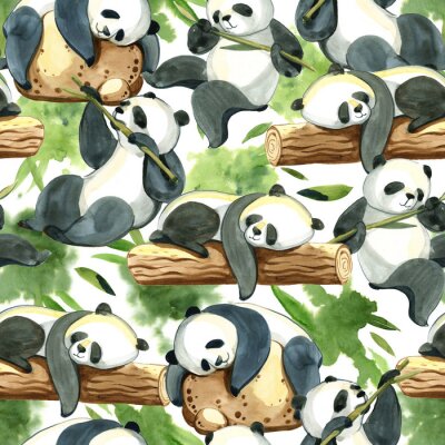 Behang Aquarelpanda's met bamboe aan de boom