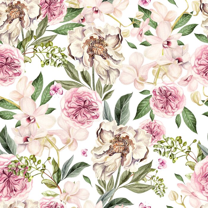 Behang Aquarelpatroon met pioenrozen en orchideeën