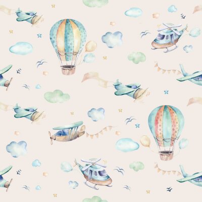 Aquarelvliegtuigen en ballonnen tussen de wolken