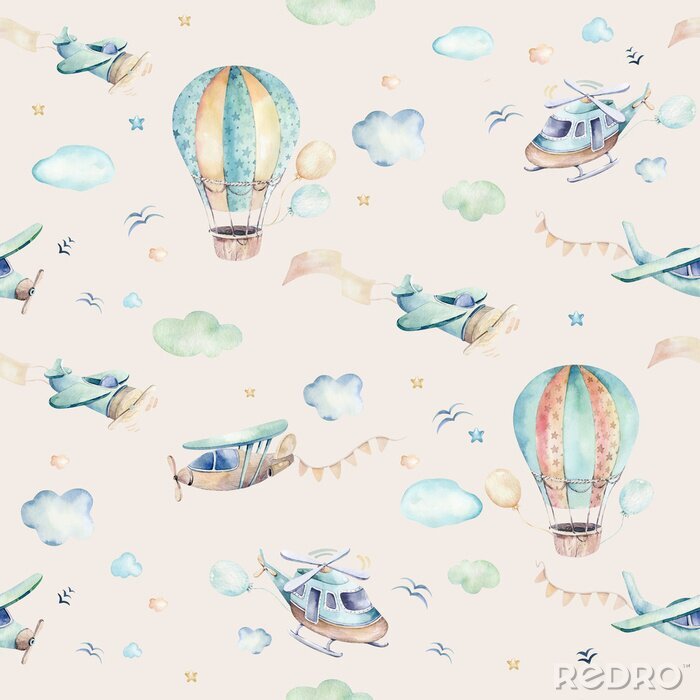 Behang Aquarelvliegtuigen en ballonnen tussen de wolken