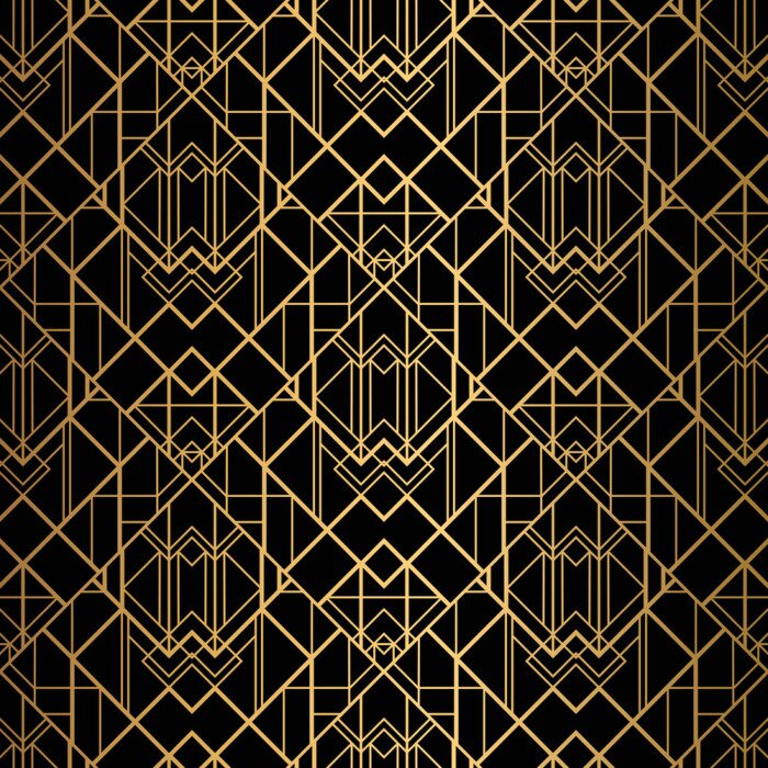 Behang Art Deco Pattern. Seamless black and gold background.