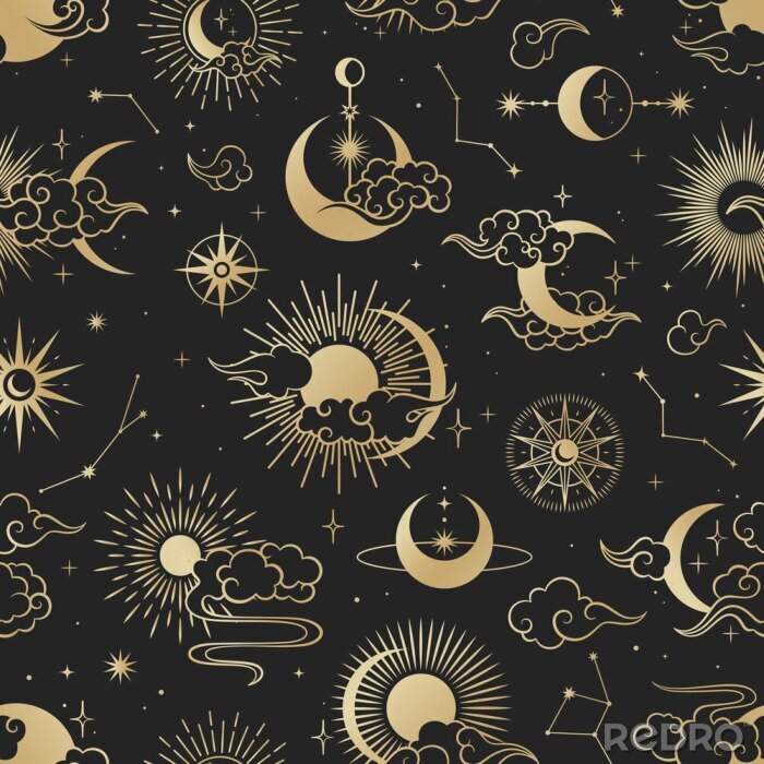 Behang Asian seamless pattern with clouds, moon, sun, stars . Vector collection in oriental chinese, japanese, korean style. Line hand drawn on black background.