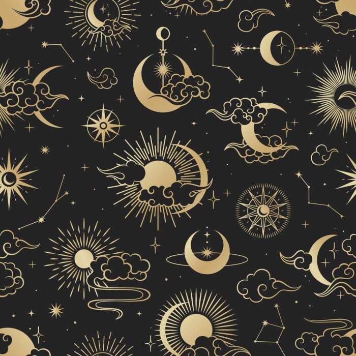 Behang Asian seamless pattern with clouds, moon, sun, stars . Vector collection in oriental chinese, japanese, korean style. Line hand drawn on black background.