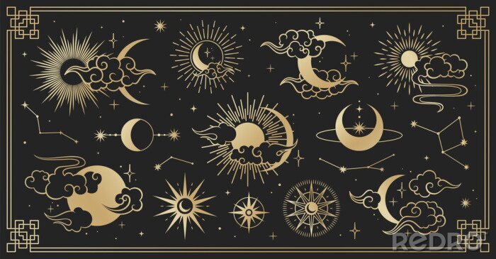 Behang Asian set with clouds, moon, sun and  stars . Vector collection in oriental chinese, japanese, korean style. Line hand drawn illustration isolated on black background. Retro elements set.