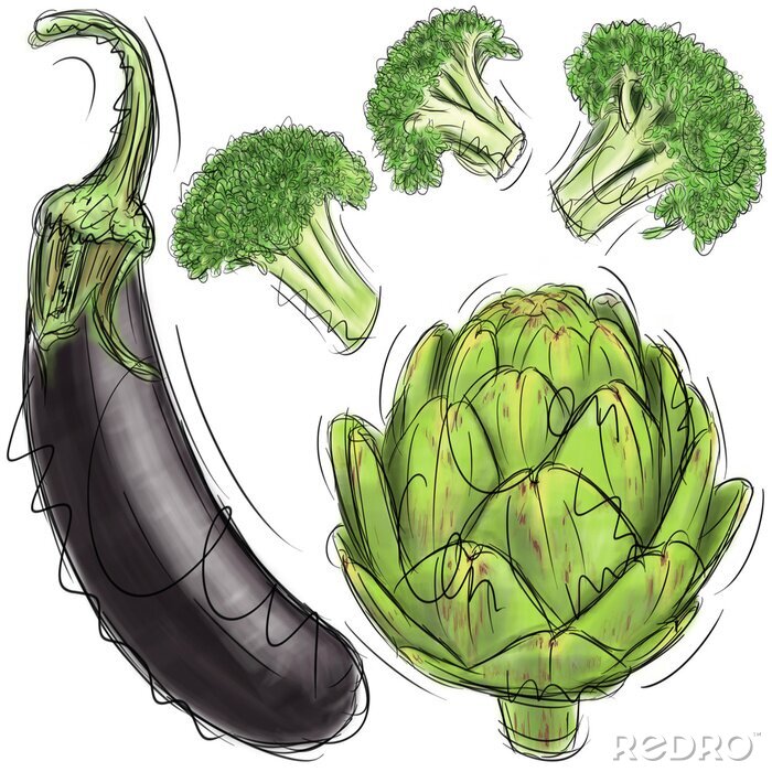 Behang Aubergine, artisjok, en broccoli