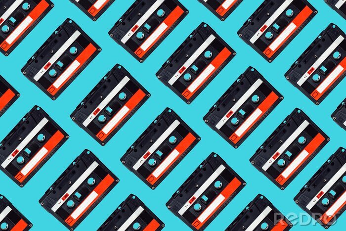 Behang Audio cassette pattern on colored background. Audio cassette tape. Vintage disco poster. Pattern of audio cassete