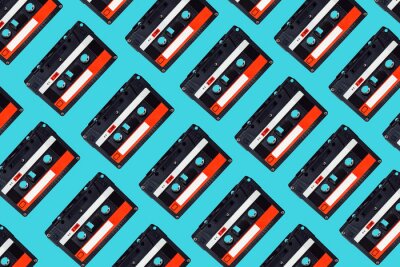 Behang Audio cassette pattern on colored background. Audio cassette tape. Vintage disco poster. Pattern of audio cassete