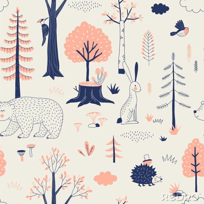 Behang Autumn Forest seamless vector pattern. Woody landscape with Hedgehog Bear Hare creatures repeatable background. Woodland childish print in Scandinavian decorative style. Cute forest animal backdrop.