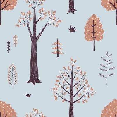 Behang Autumn Forest seamless vector pattern. Woody landscape with plant and trees repeatable background. Woodland childish print in Scandinavian decorative style. Cute forest print for children fashion