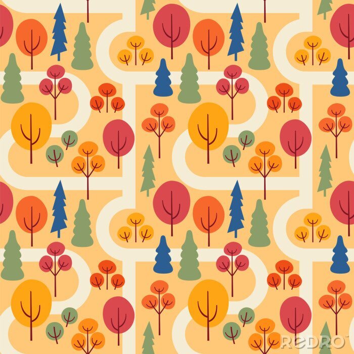 Behang Autumn park with sidewalks. Seamless vector pattern with trees.