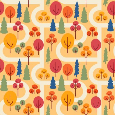 Behang Autumn park with sidewalks. Seamless vector pattern with trees.