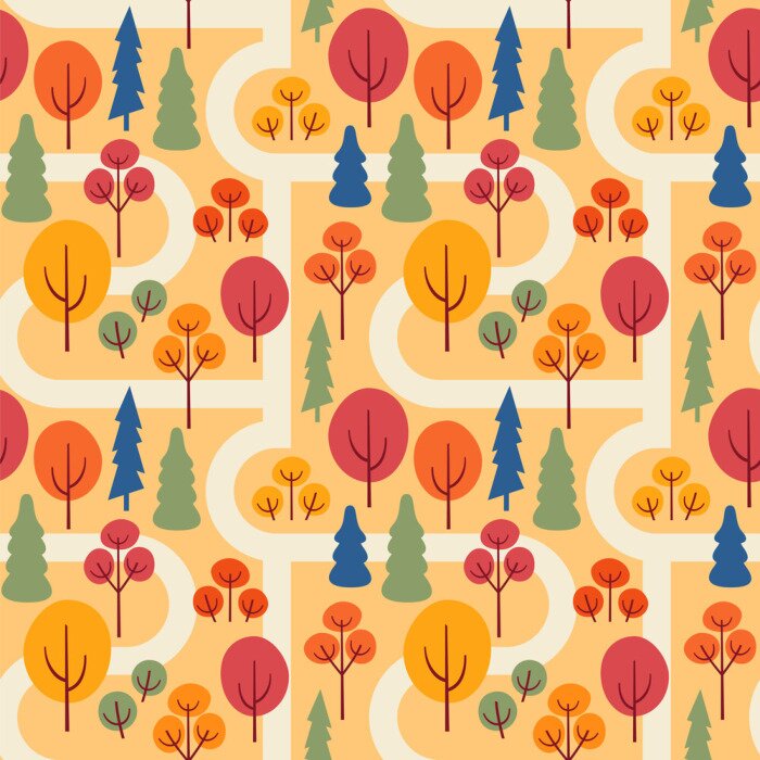 Behang Autumn park with sidewalks. Seamless vector pattern with trees.