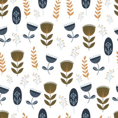 Behang Autumn seamless pattern with wild floral elements. Hand drawn leaves, flowers, herbs. Modern repeatable background with floral motifs. Vector wallpaper. EPS 10