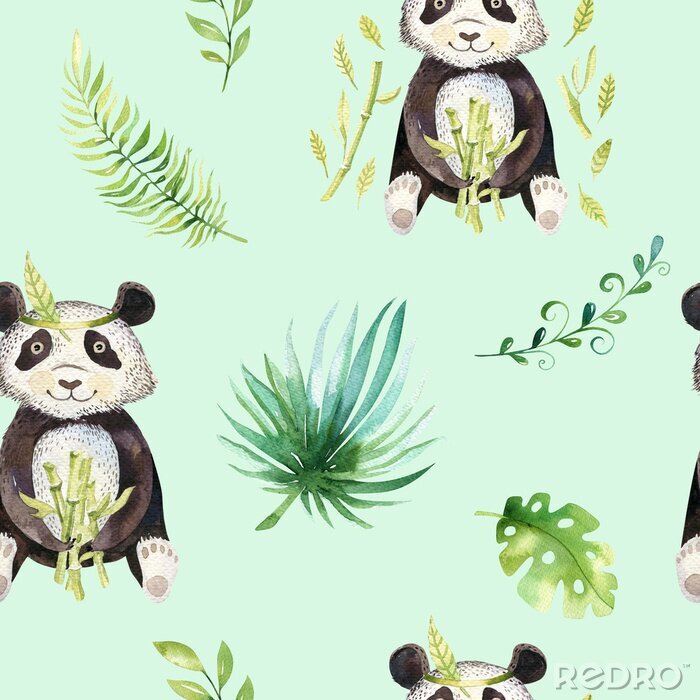 Behang Baby dieren kwekerij geïsoleerde naadloze patroon. Waterverf boho tropische tekening, kind tropische tekening schattige panda en palmboom, tropische groene textuur illustratie