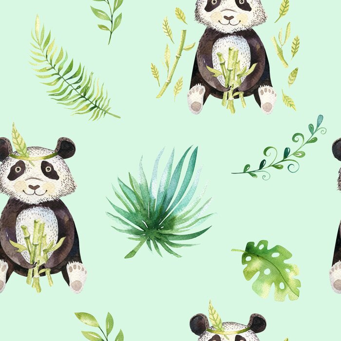 Behang Baby dieren kwekerij geïsoleerde naadloze patroon. Waterverf boho tropische tekening, kind tropische tekening schattige panda en palmboom, tropische groene textuur illustratie