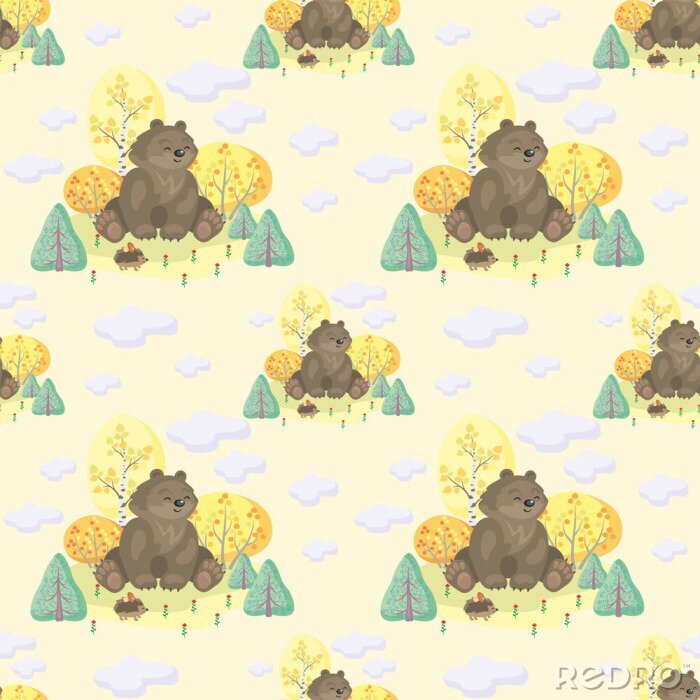 Behang Baby kleurrijke naadloze patroon met het beeld van schattige bosdieren en herfstbomen. Vector achtergrond.