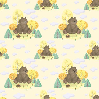 Behang Baby kleurrijke naadloze patroon met het beeld van schattige bosdieren en herfstbomen. Vector achtergrond.