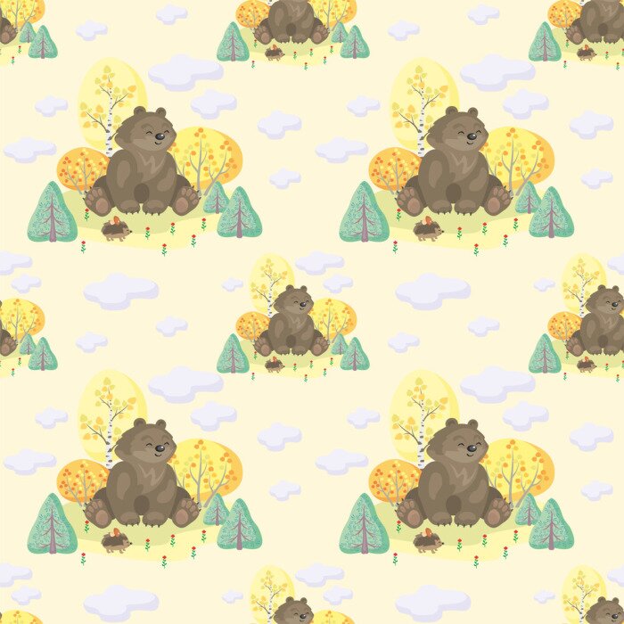 Behang Baby kleurrijke naadloze patroon met het beeld van schattige bosdieren en herfstbomen. Vector achtergrond.