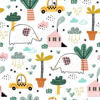 Baby naadloos patroon met schattige olifanten, auto's, wolken en tropische planten. Vector textuur in kinderachtige stijl geweldig voor stof en textiel, achtergronden, achtergronden. Pastelkleuren.