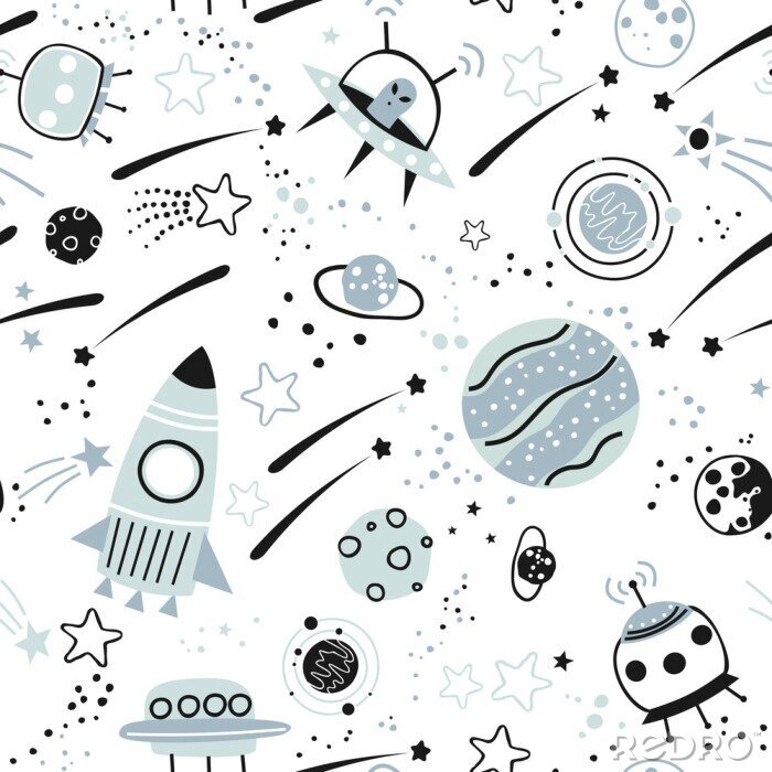 Behang Baby seamless pattern - space, spaceships and planets with stars. Trendy kids vector background.