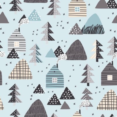 Baby seamless pattern with a mountain landscape, houses and forest. Perfect for cards, invitations, wallpaper, banners, kindergarten, baby shower, children room decoration. Scandinavian landscape.