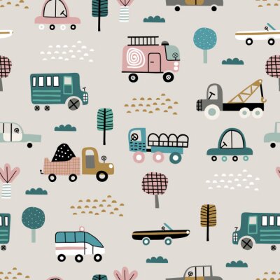 Behang Baby seamless pattern with cute cars. Perfect for kids fabric, textile, nursery wallpaper. Cute vector illustration in scandinavian style.