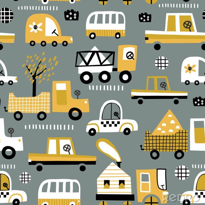 Behang Baby seamless pattern with hand drawn cute car. Perfect for kids fabric, textile, nursery wallpaper. Vector seamless pattern with doodle toy cars.