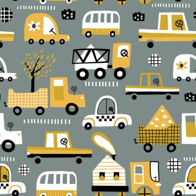 Behang Baby seamless pattern with hand drawn cute car. Perfect for kids fabric, textile, nursery wallpaper. Vector seamless pattern with doodle toy cars.