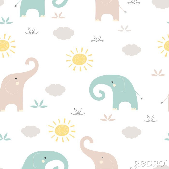 Behang Babyolifanten met zonnen en wolken