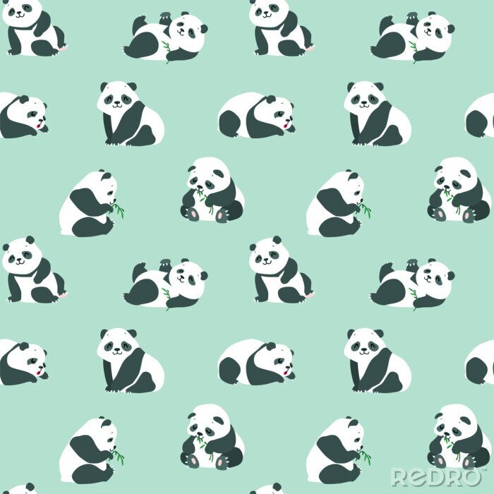 Behang Babypanda's met bamboebladeren op een groene achtergrond