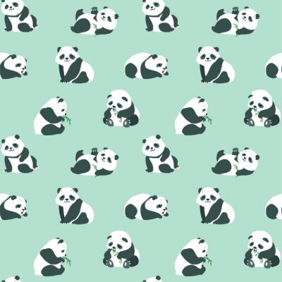 Behang Babypanda's met bamboebladeren op een groene achtergrond